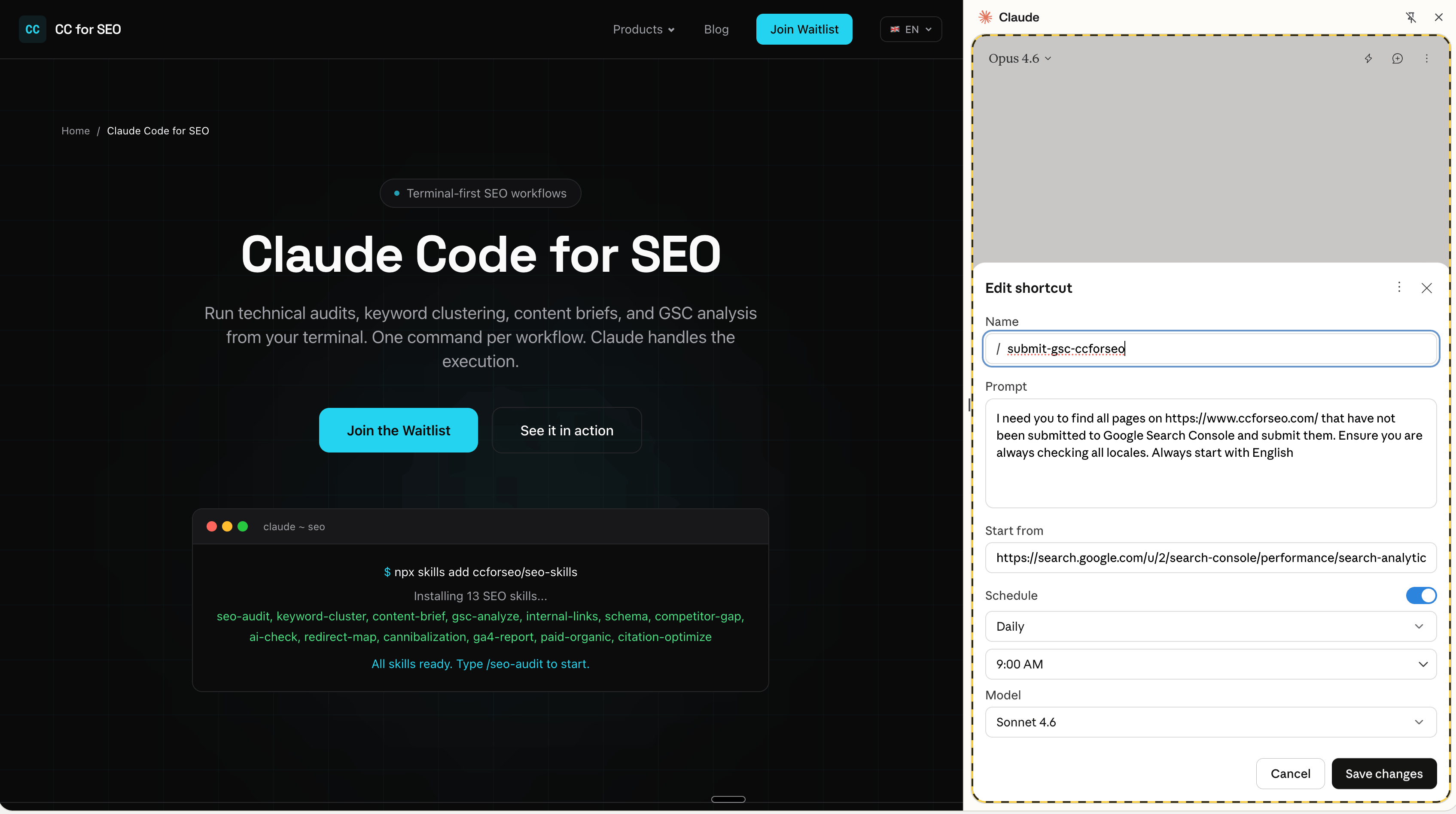 Claude Chrome extension showing a scheduled shortcut that submits new pages to Google Search Console daily